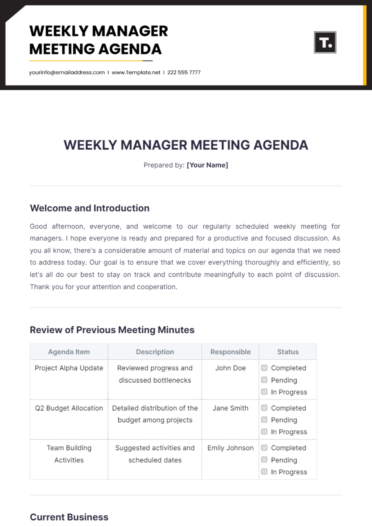 Weekly Manager Meeting Agenda Template - Edit Online & Download