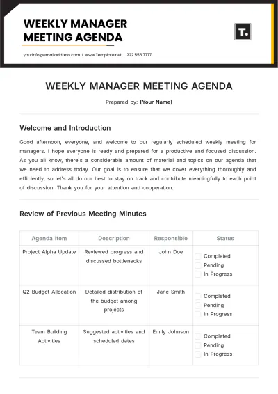 Free Weekly Manager Meeting Agenda Template to Edit Online