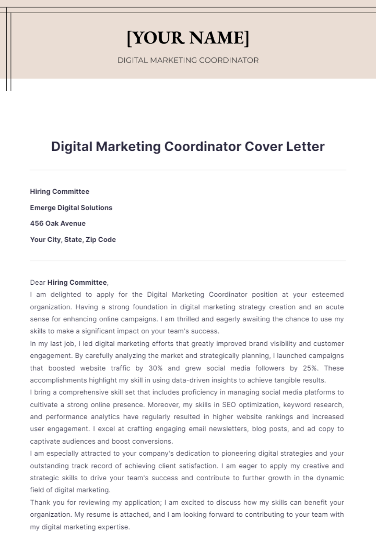 Digital Marketing Coordinator Cover Letter - Edit Online & Download