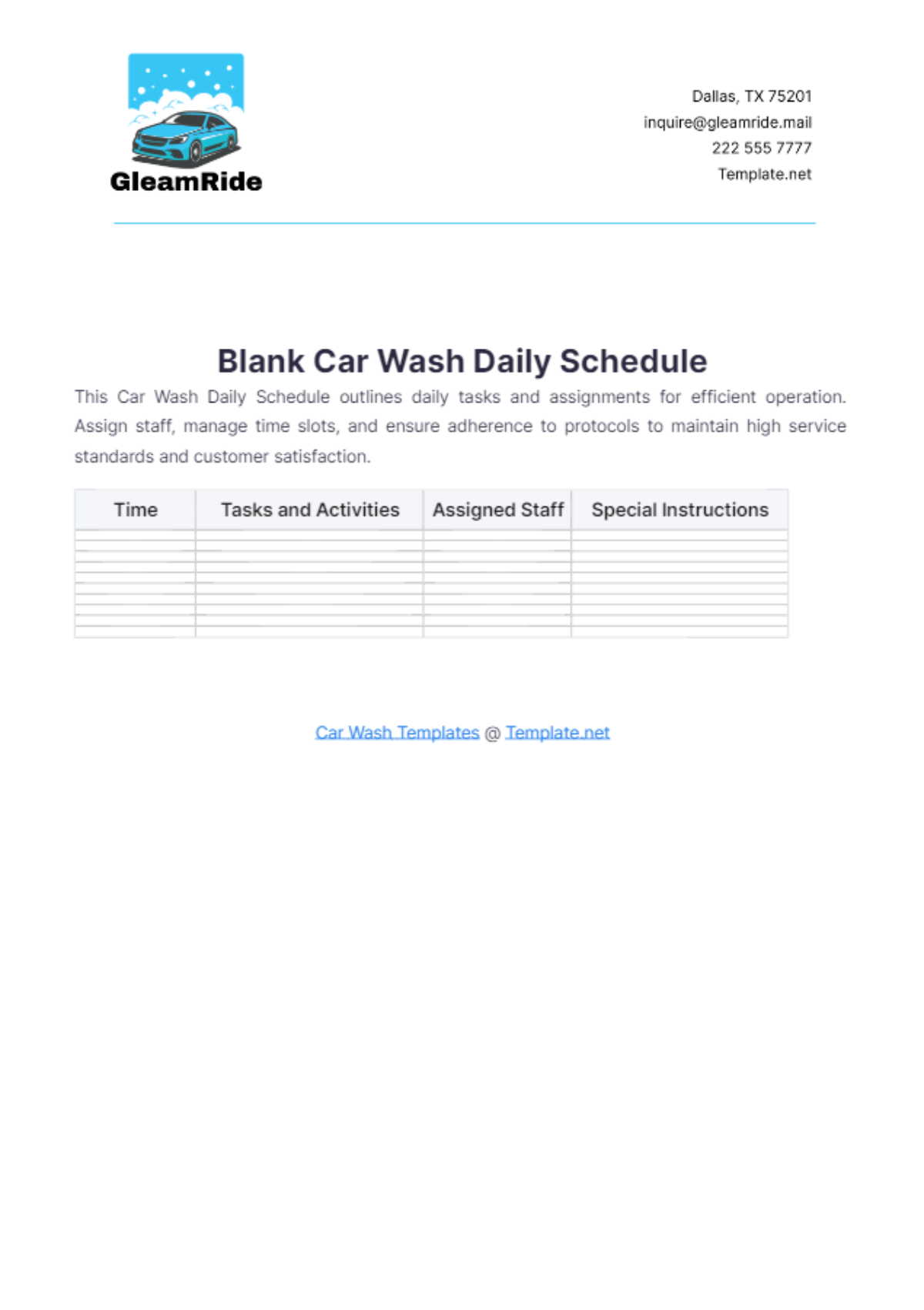 Blank Car Wash Daily Schedule Template - Edit Online & Download