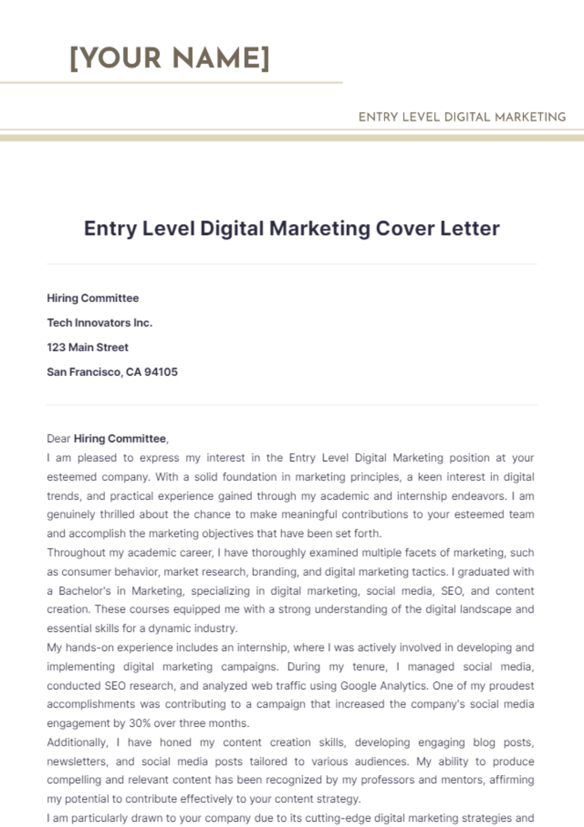 Entry Level Digital Marketing Cover Letter - Edit Online & Download