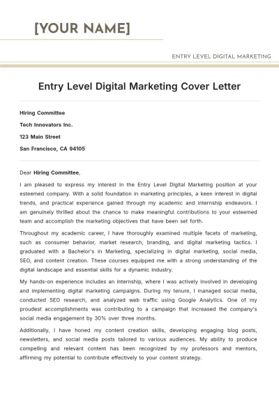 Free Entry Level Digital Marketing Cover Letter to Edit Online