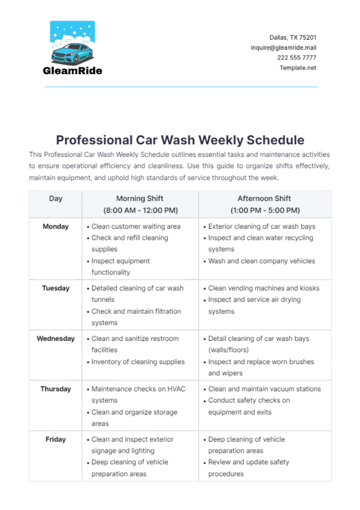 Professional Car Wash Weekly Schedule Template - Edit Online & Download