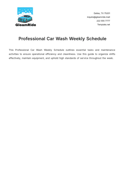 Free Professional Car Wash Weekly Schedule Template to Edit Online
