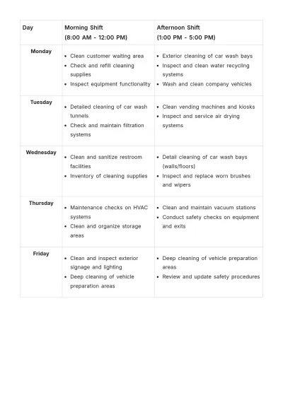Free Professional Car Wash Weekly Schedule Template to Edit Online