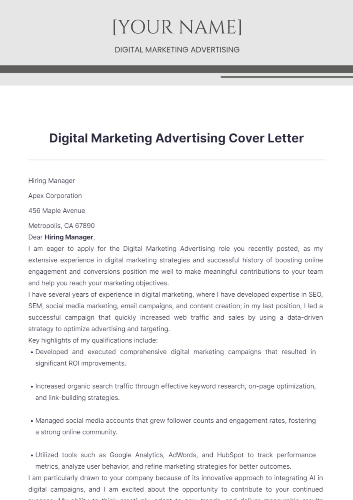 Digital Marketing Advertising Cover Letter - Edit Online & Download