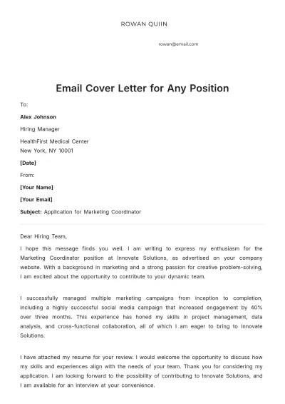Free Email Cover Letter for Any Position to Edit Online