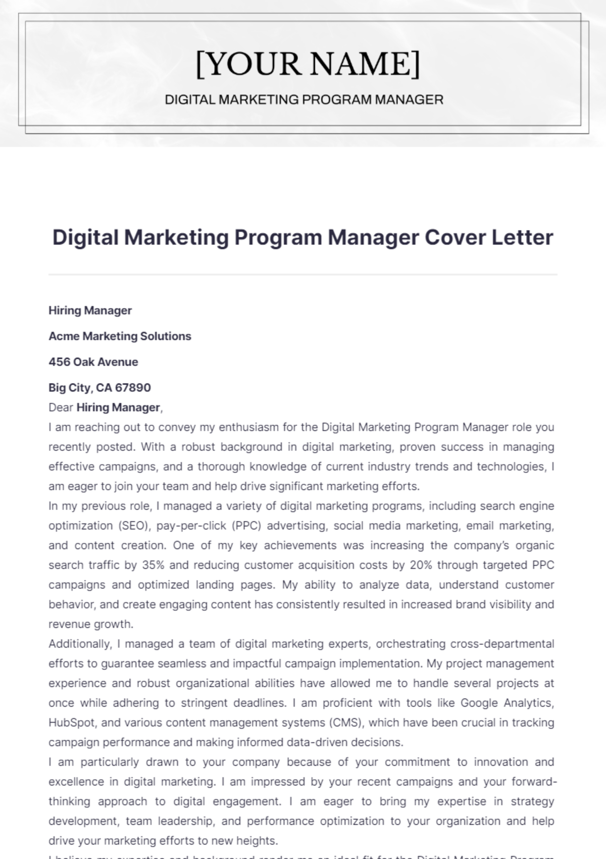 Digital Marketing Program Manager Cover Letter - Edit Online & Download