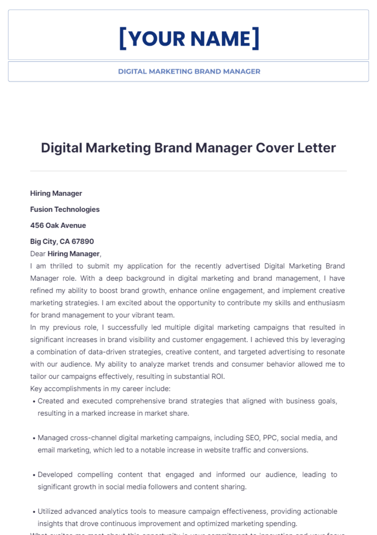 Digital Marketing Brand Manager Cover Letter - Edit Online & Download