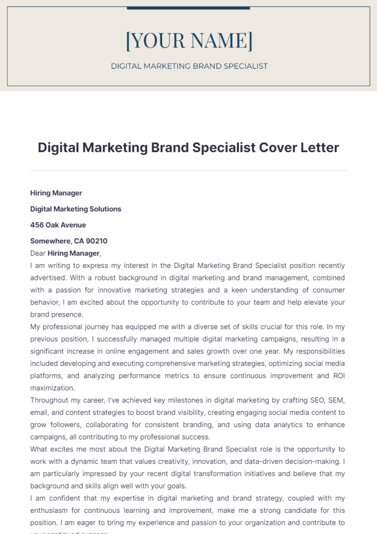 Digital Marketing Brand Specialist Cover Letter - Edit Online & Download