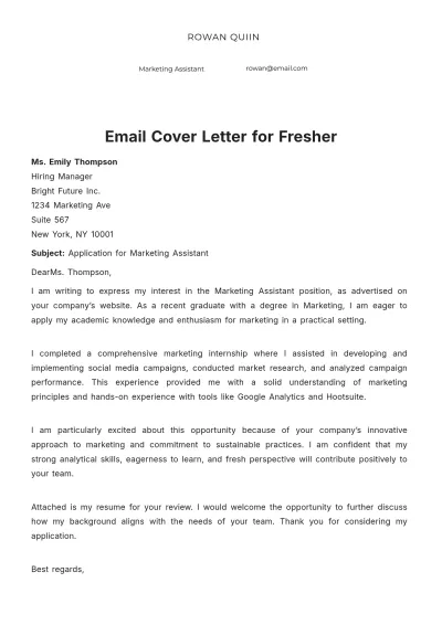 Free Email Cover Letter for Fresher to Edit Online