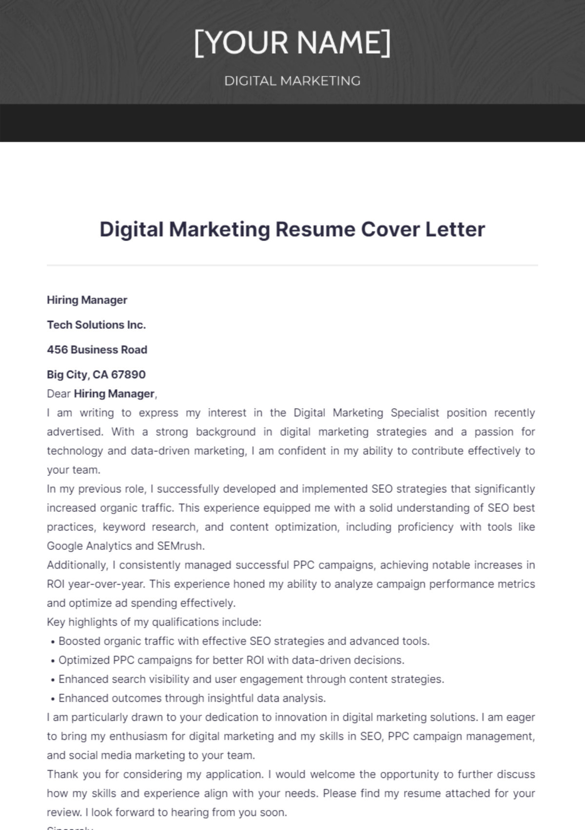 Digital Marketing Resume Cover Letter - Edit Online & Download