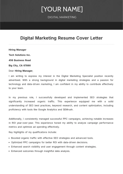 Free Digital Marketing Resume Cover Letter to Edit Online