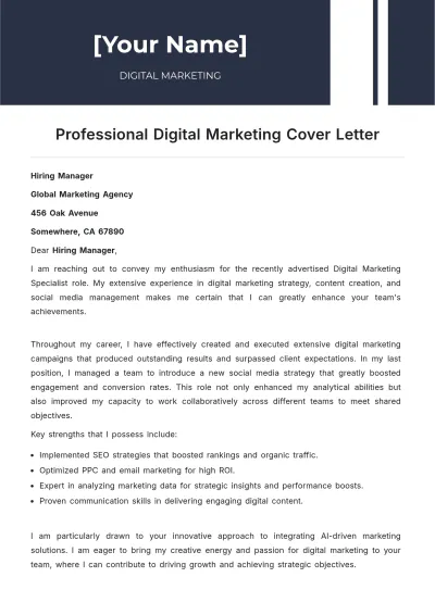 Free Professional Digital Marketing Cover Letter to Edit Online