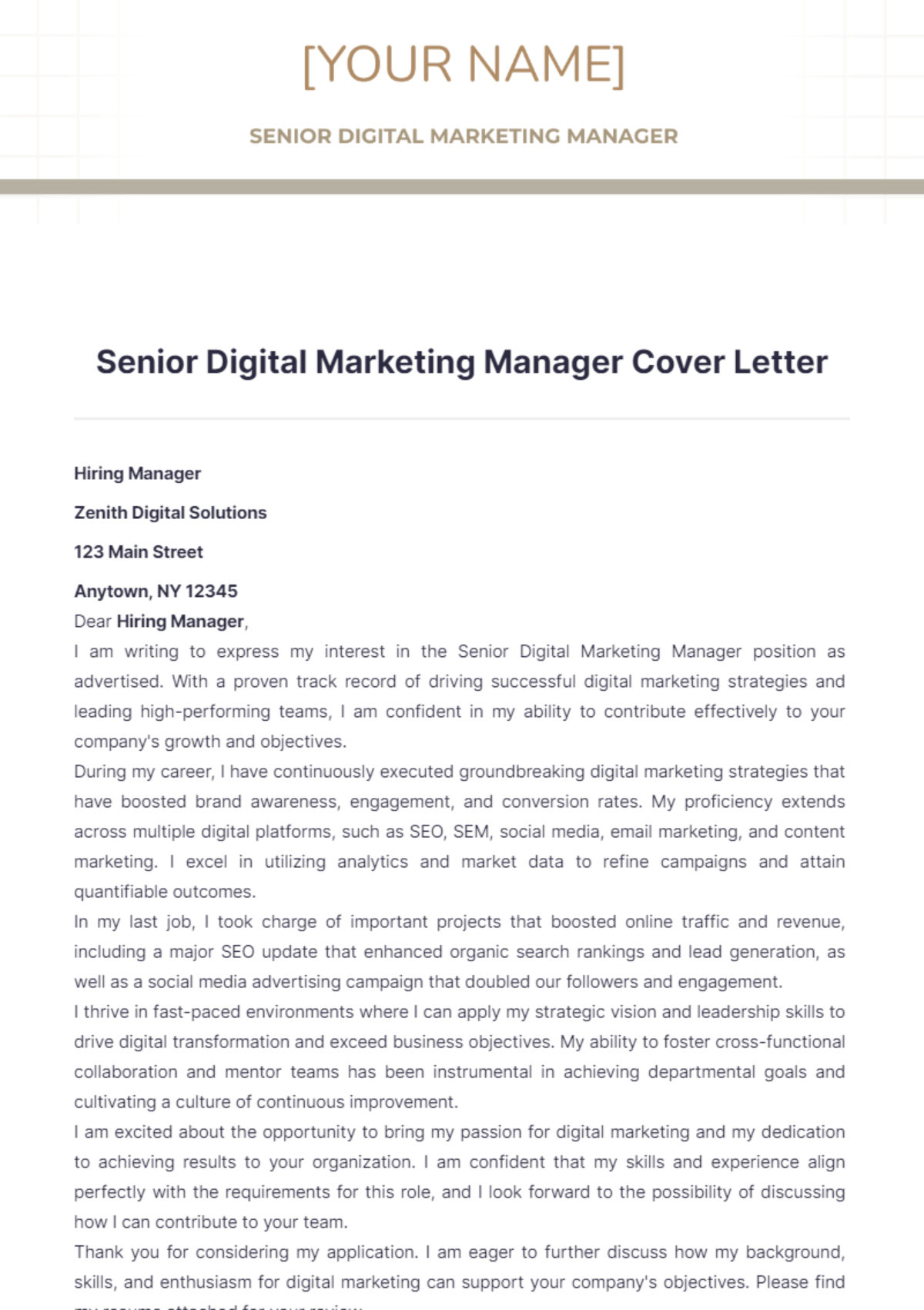 Senior Digital Marketing Manager Cover Letter - Edit Online & Download