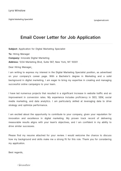 Free Email Cover Letter for Job Application to Edit Online