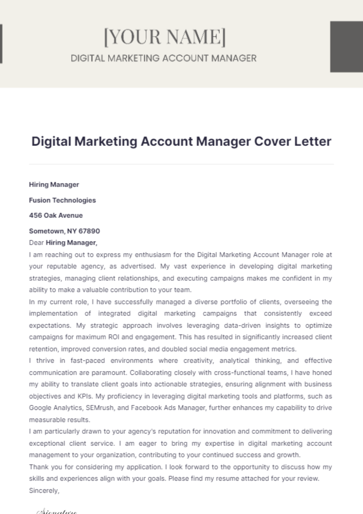 digital marketing account manager cover letter