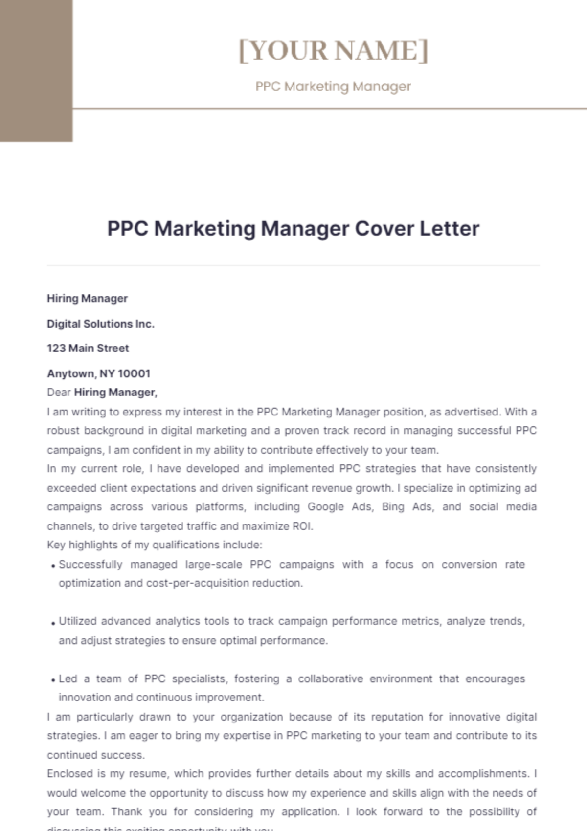 PPC Marketing Manager Cover Letter - Edit Online & Download