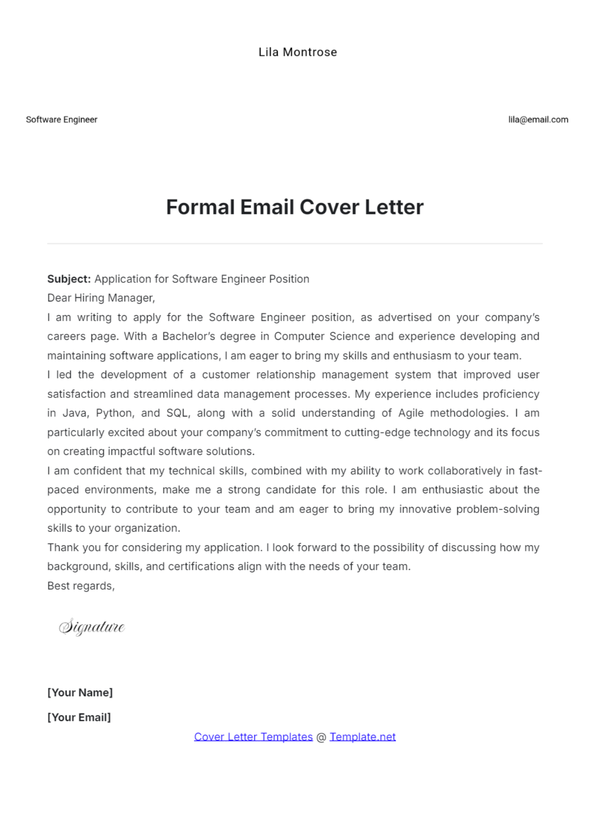 Formal Email Cover Letter - Edit Online & Download