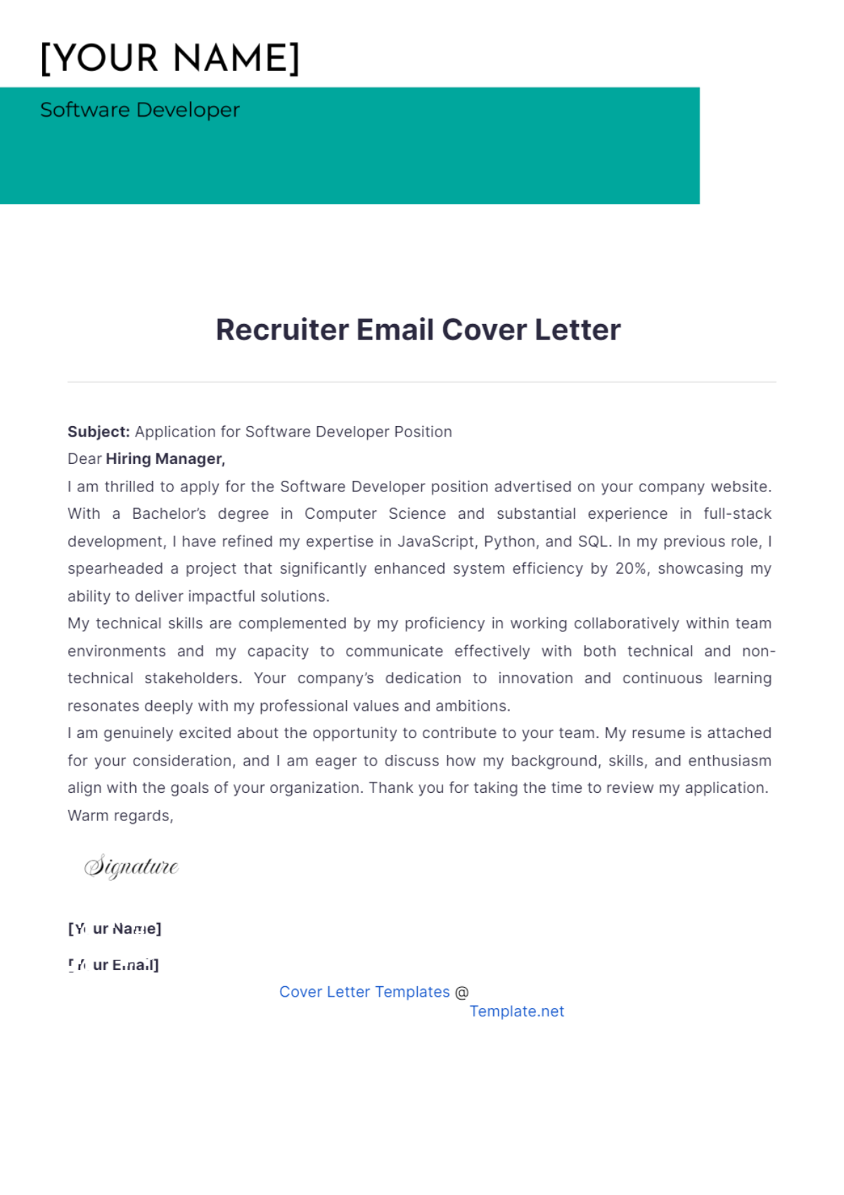 Recruiter Email Cover Letter