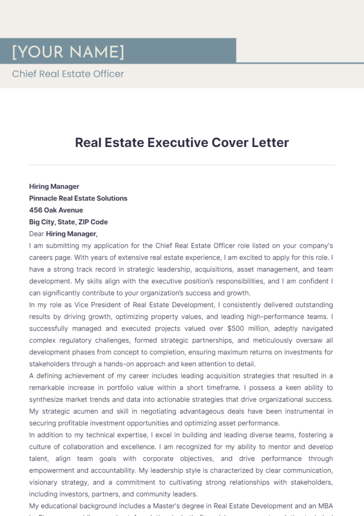 Real Estate Executive Cover Letter - Edit Online & Download