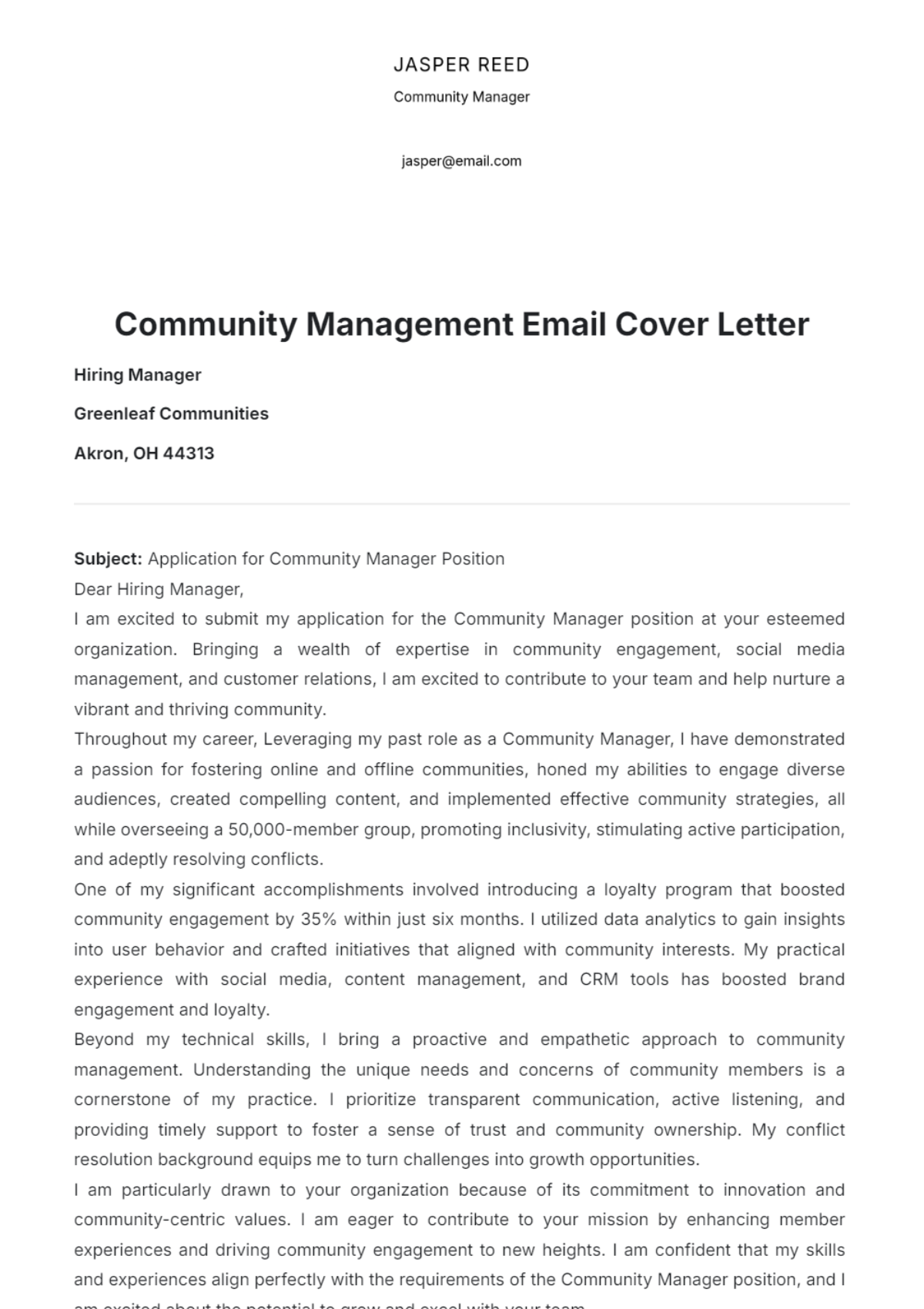 Community Management Email Cover Letter - Edit Online & Download