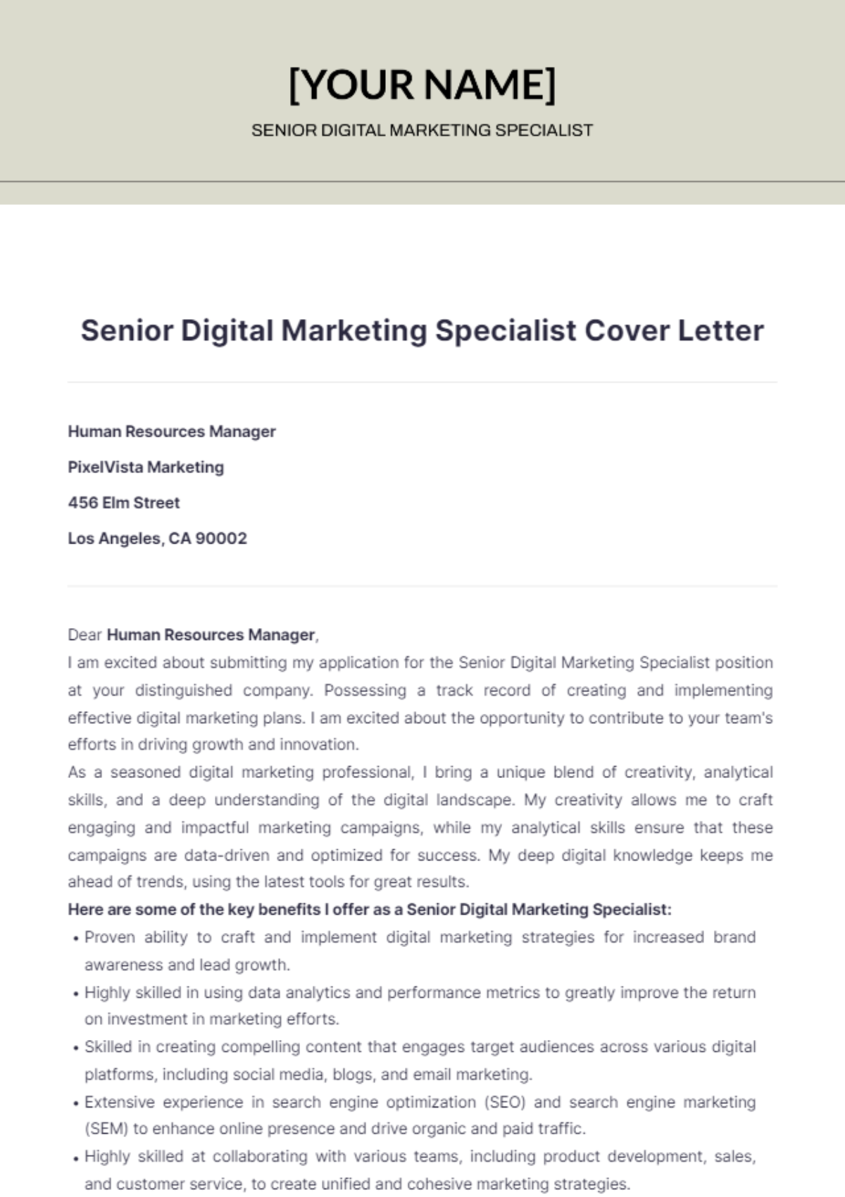 Senior Digital Marketing Specialist Cover Letter - Edit Online & Download