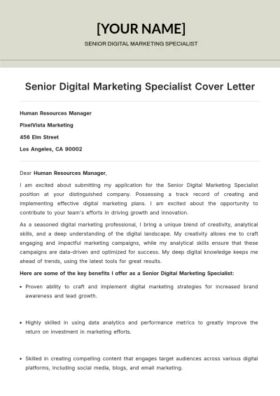 Free Senior Digital Marketing Specialist Cover Letter to Edit Online