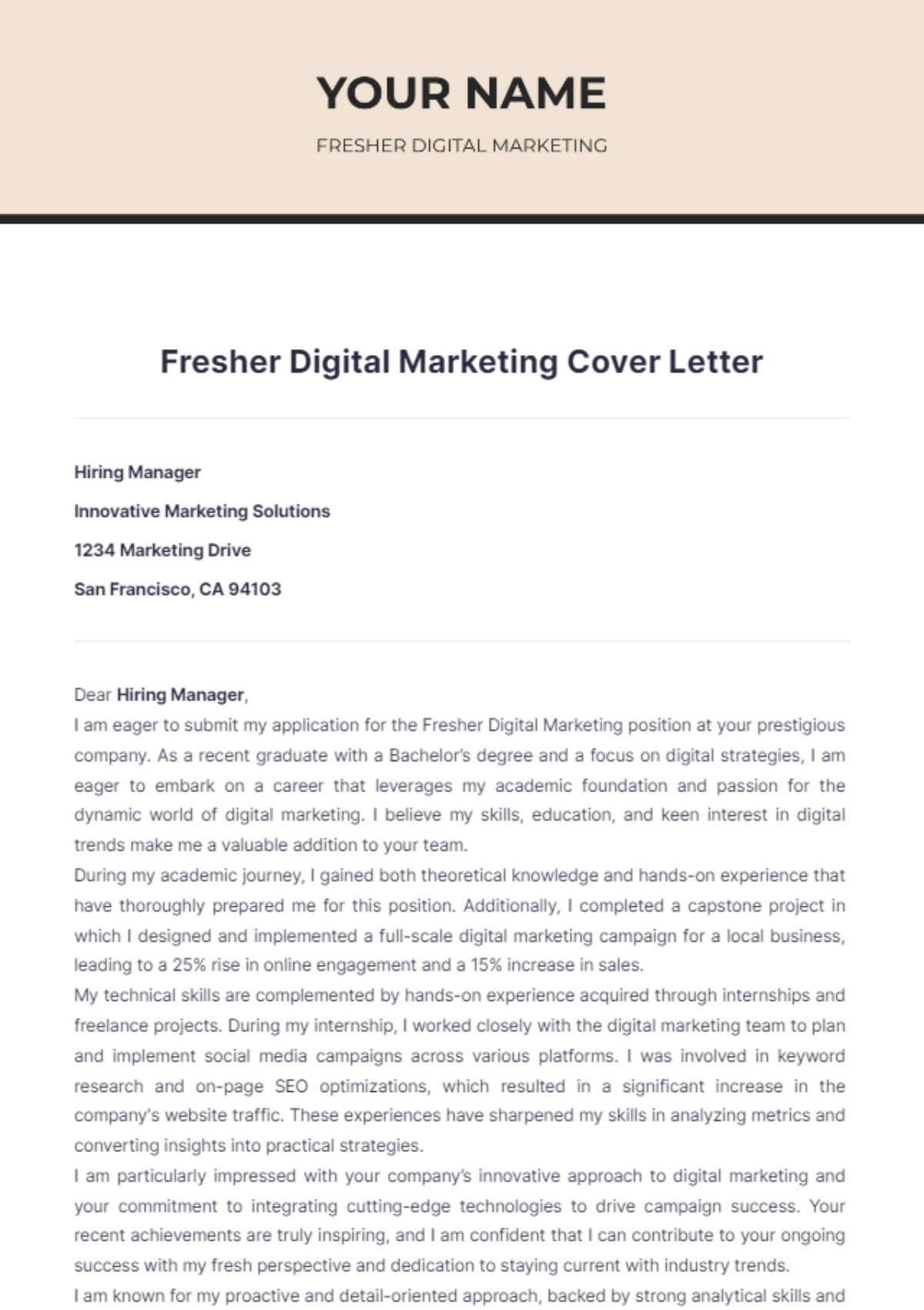 Fresher Digital Marketing Cover Letter - Edit Online & Download