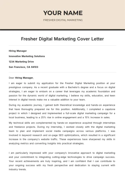 Free Fresher Digital Marketing Cover Letter to Edit Online