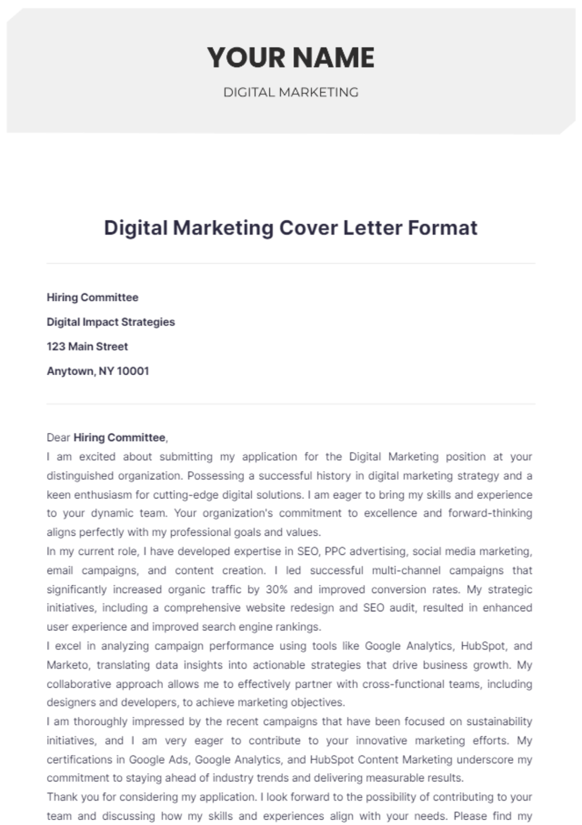 Digital Marketing Cover Letter Format - Edit Online & Download