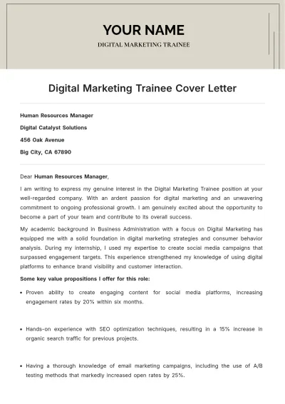 Free Digital Marketing Trainee Cover Letter to Edit Online
