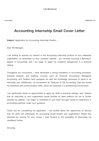 Free Accounting Internship Email Cover Letter to Edit Online