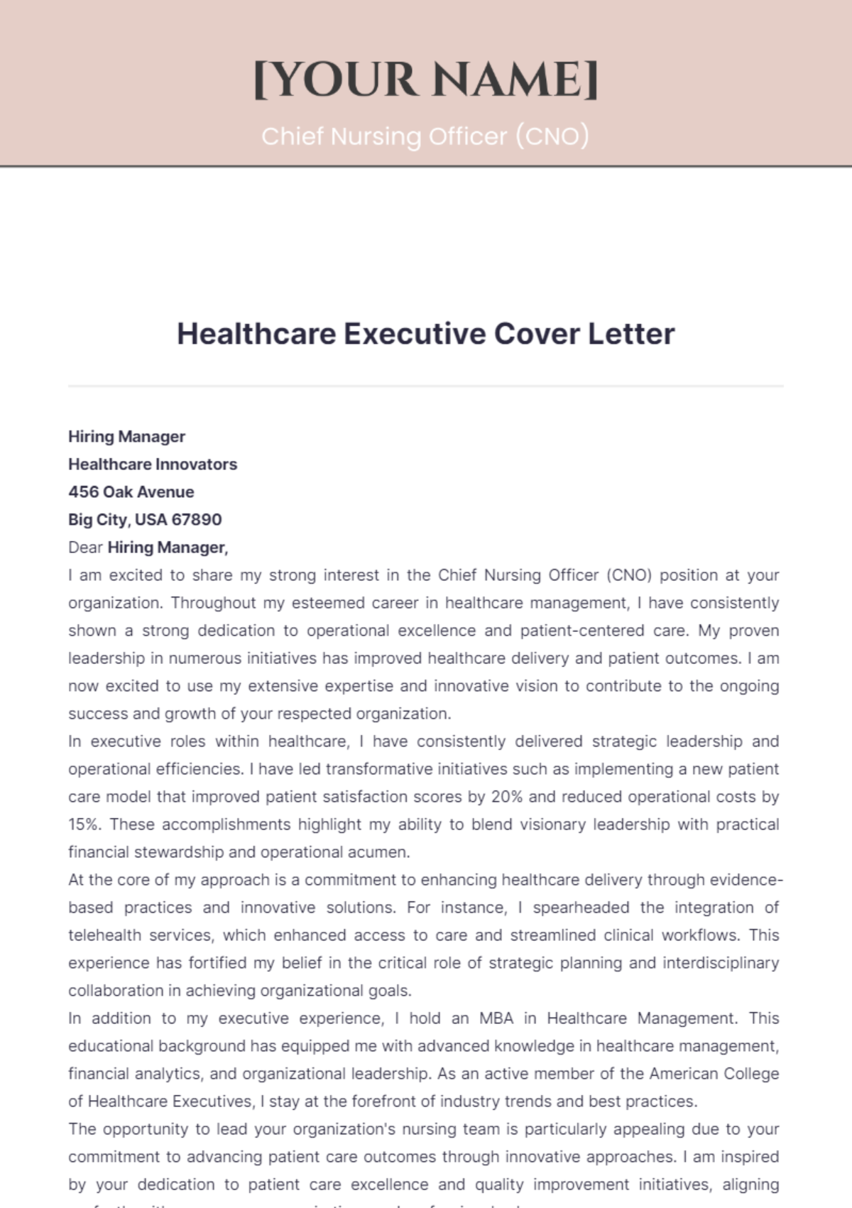 Healthcare Executive Cover Letter - Edit Online & Download