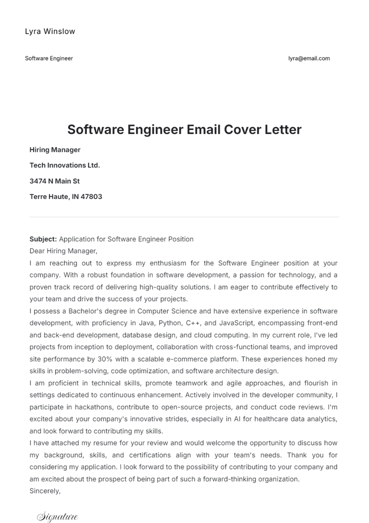 Software Engineer Email Cover Letter - Edit Online & Download