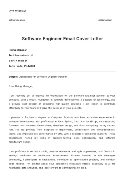 Free Software Engineer Email Cover Letter to Edit Online