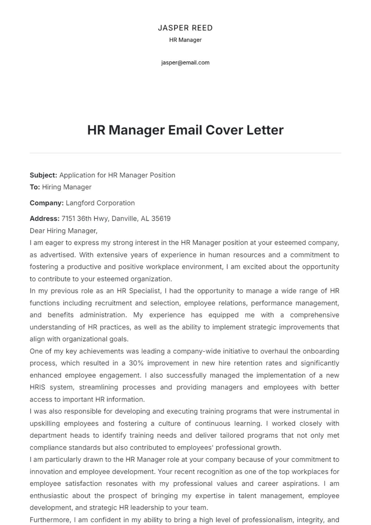 HR Manager Email Cover Letter - Edit Online & Download