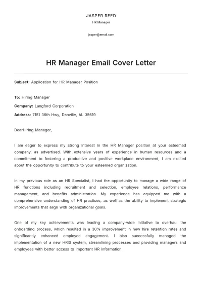 Free HR Manager Email Cover Letter to Edit Online
