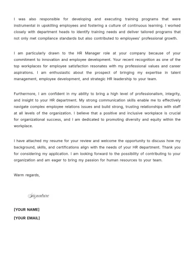 Free HR Manager Email Cover Letter to Edit Online