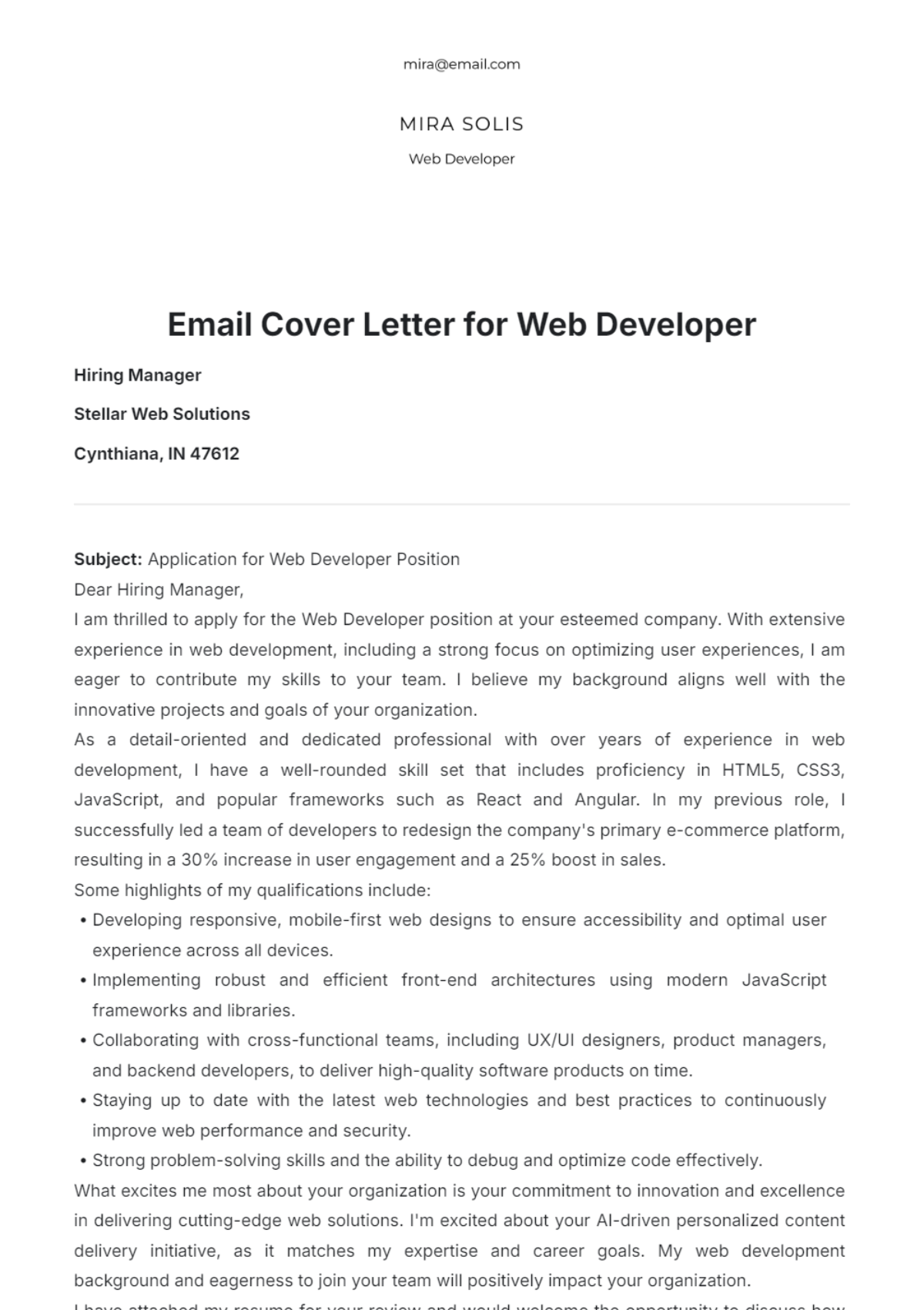 Email Cover Letter for Web Developer - Edit Online & Download