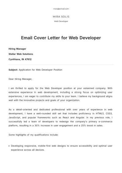 Free Email Cover Letter for Web Developer to Edit Online