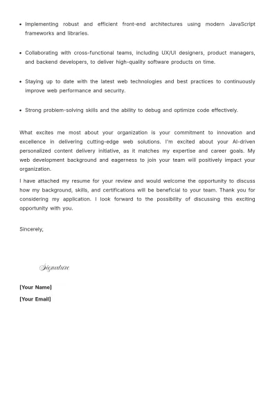 Free Email Cover Letter for Web Developer to Edit Online