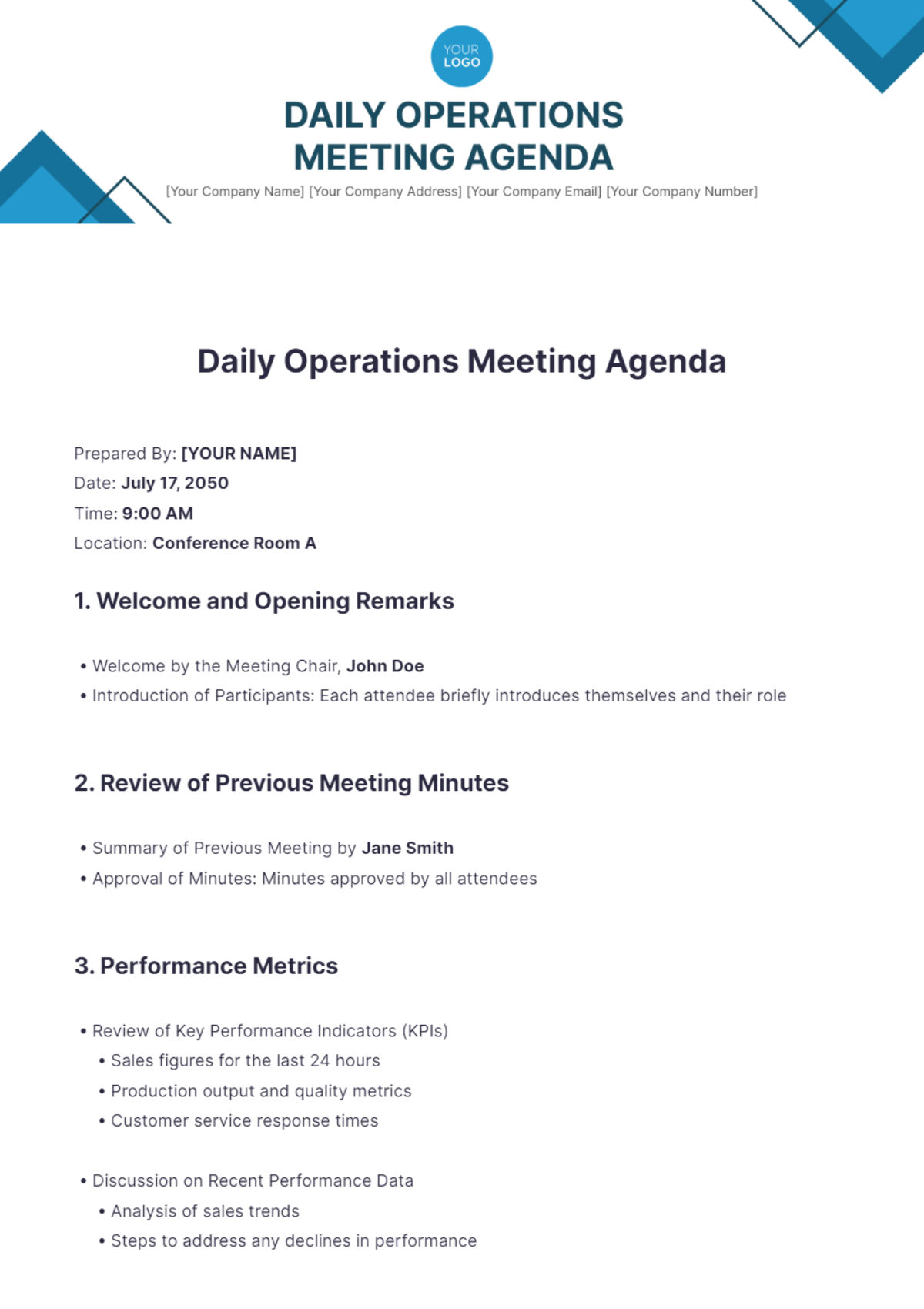 Daily Operations Meeting Agenda Template - Edit Online & Download