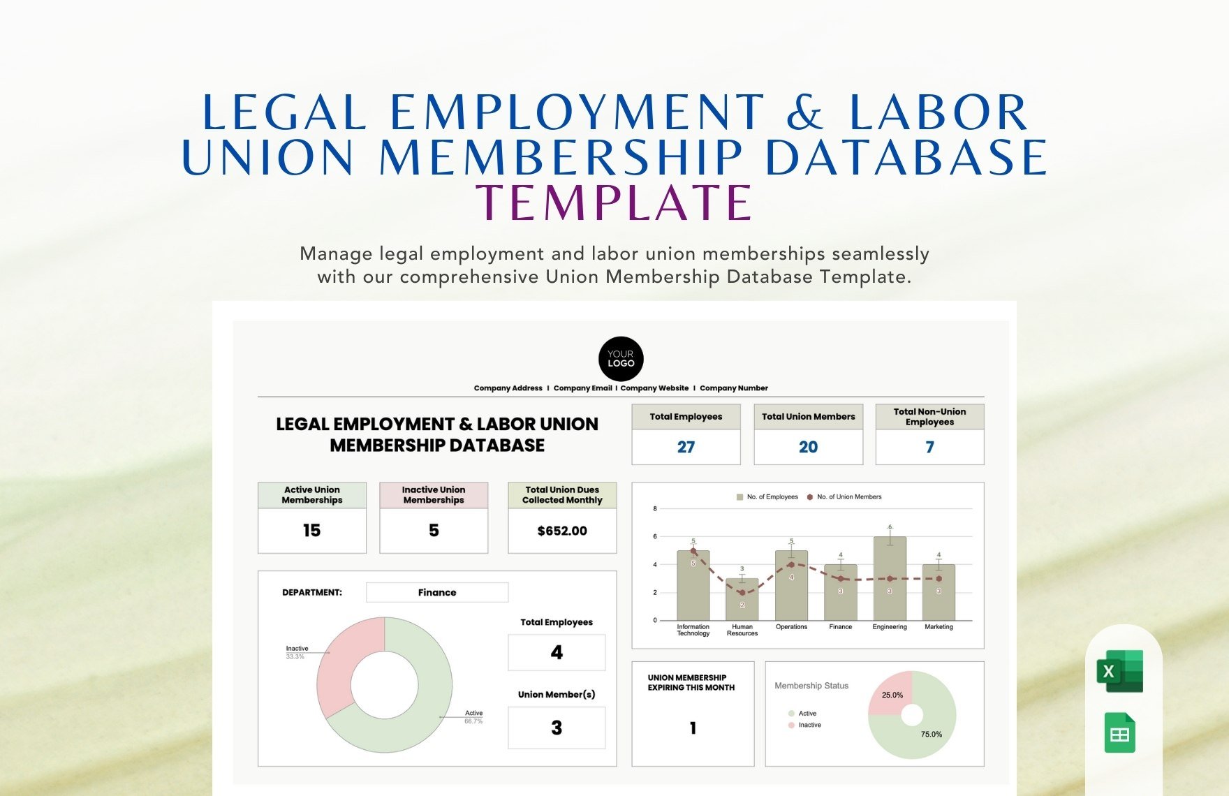 Legal Employment & Labor Union Membership Database Template in Excel, Google Sheets