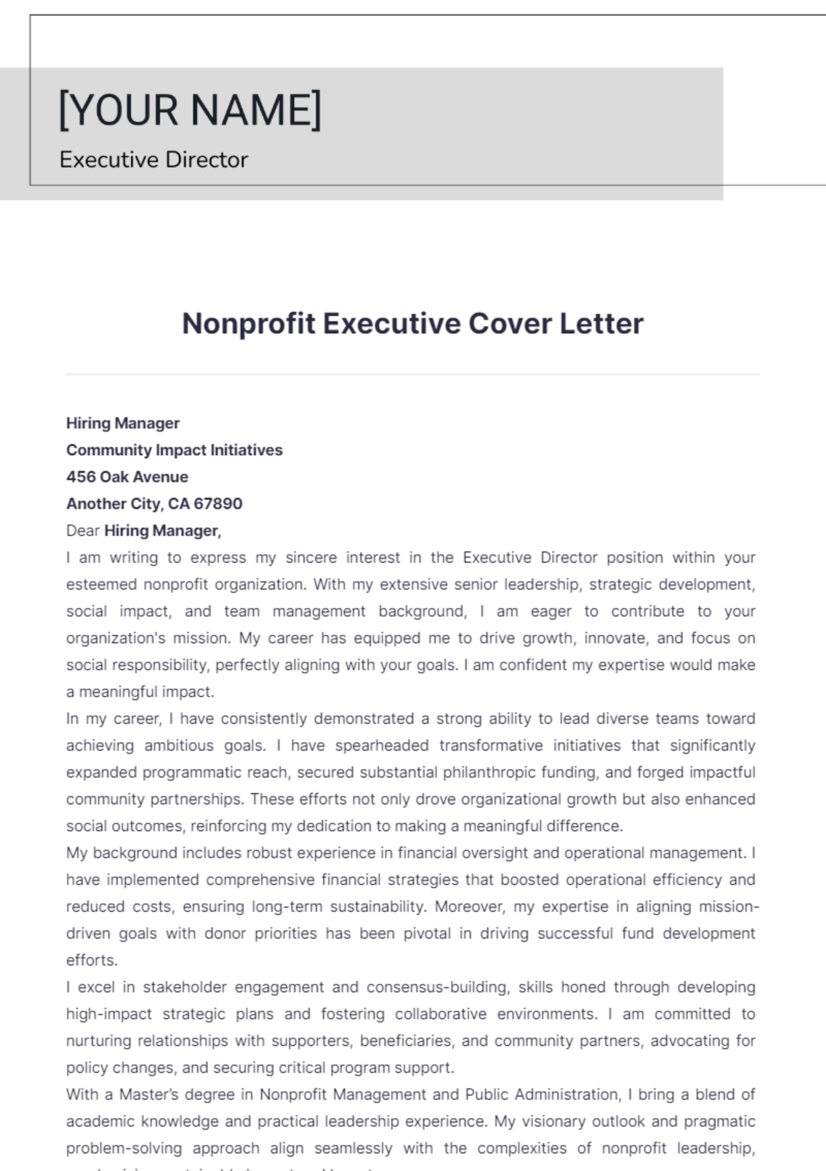 Nonprofit Executive Cover Letter - Edit Online & Download