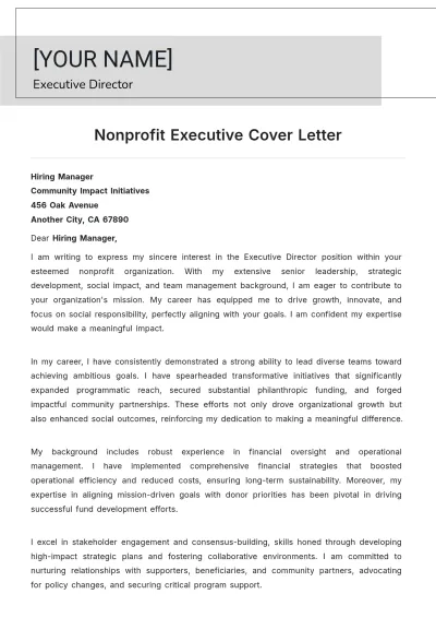 Free Nonprofit Executive Cover Letter to Edit Online