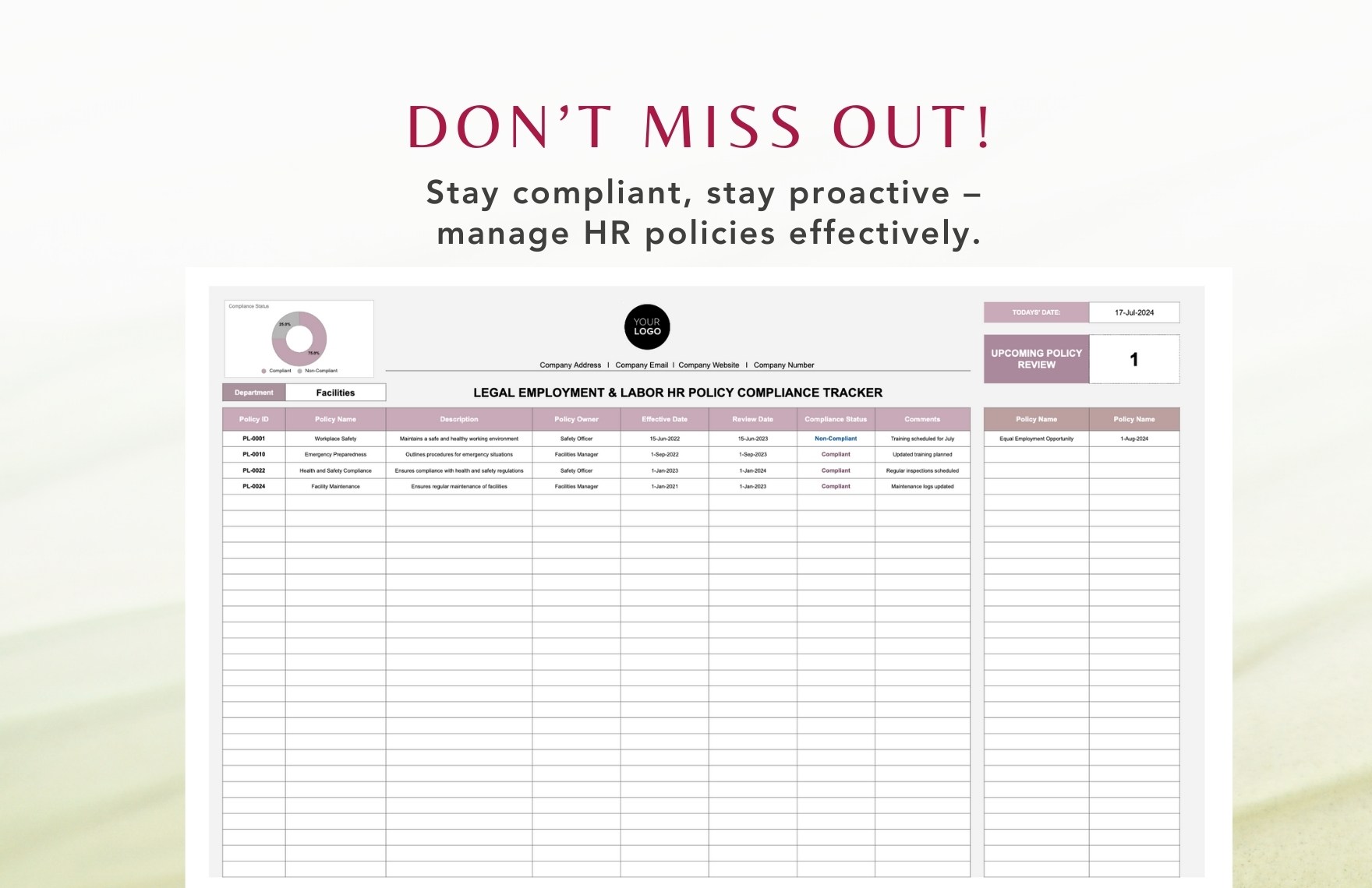 Legal Employment & Labor HR Policy Compliance Tracker Template