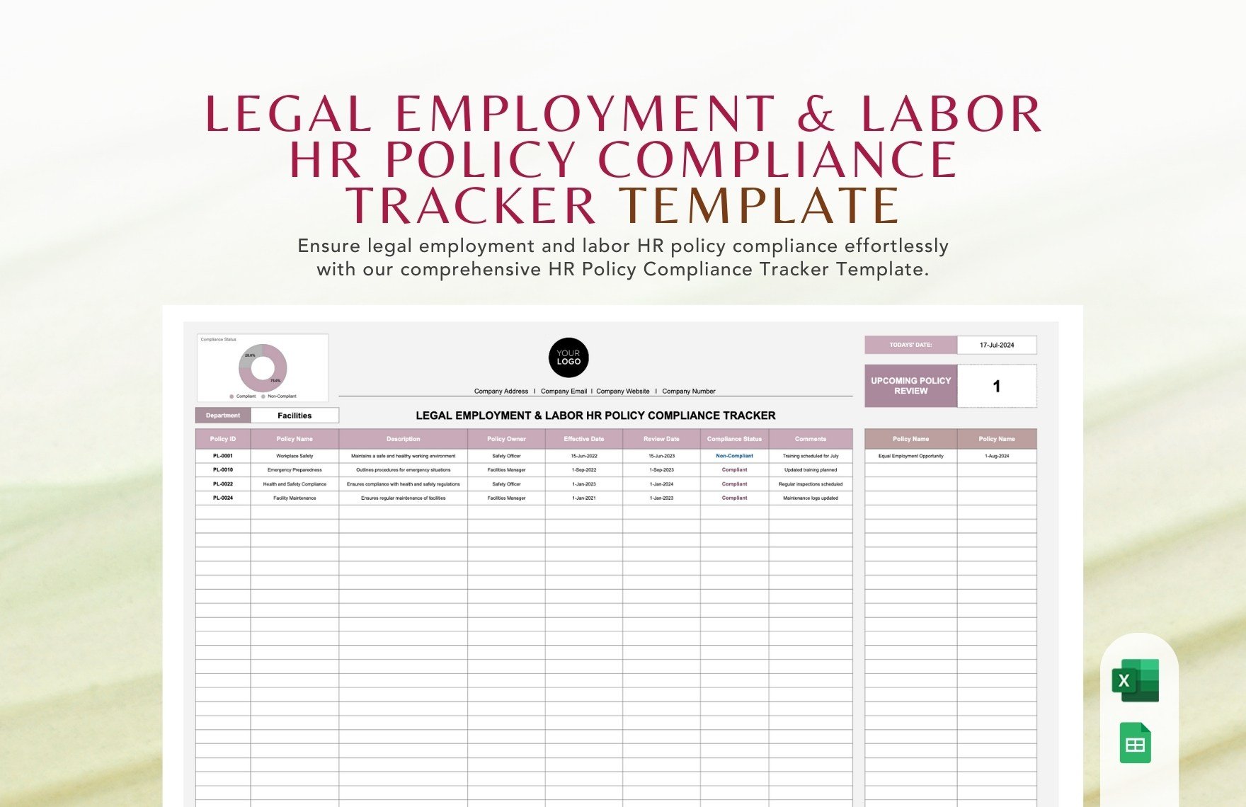 Legal Employment & Labor HR Policy Compliance Tracker Template in Google Sheets, PSD