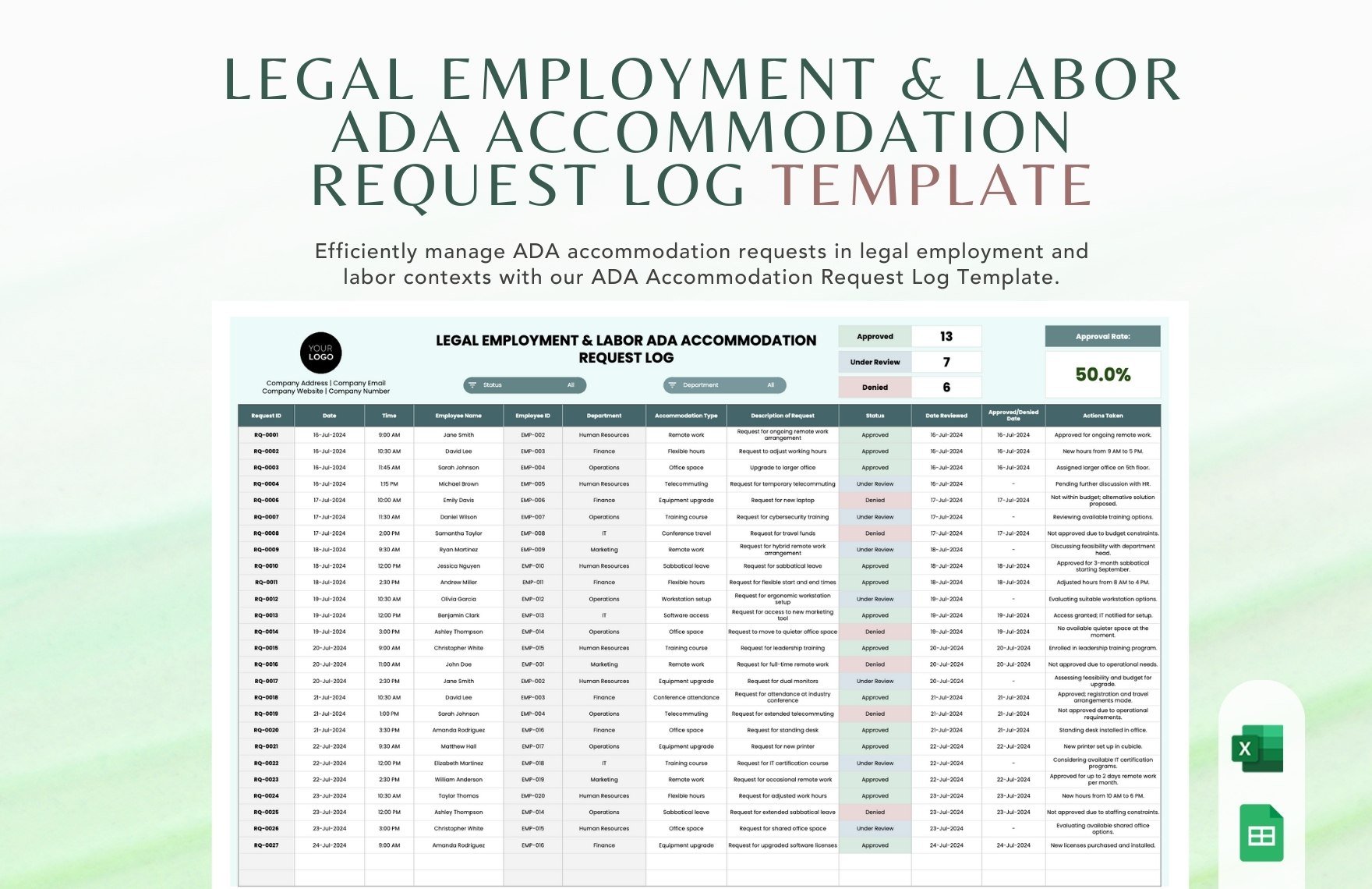 Legal Employment & Labor ADA Accommodation Request Log Template in Excel, Google Sheets