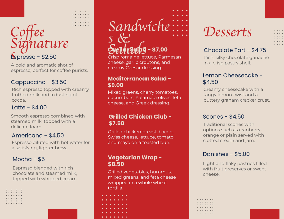 Free Cafe Menu Brochure Template to Edit Online